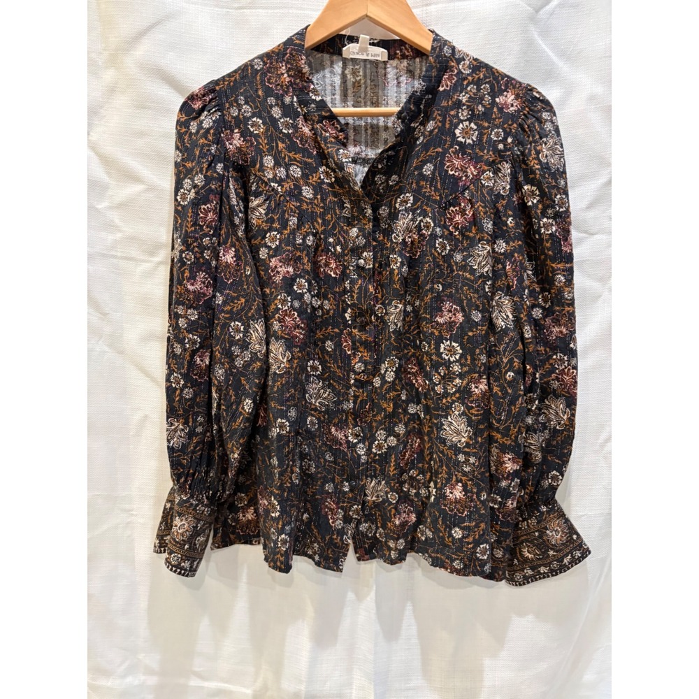 Grace & Mila Paris Floral Metallic Lurex Blouse Black Rust Boho Puff Sleeve L